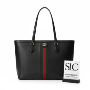 Classic Web Stripe Top Handle Leather Tote Bag 631685