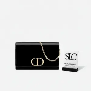 Elegant 30 Montaigne Black Patent Leather Wallet On Chain S2059