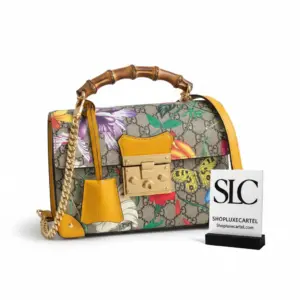 Floral Print Padlock Small Bamboo Top Handle Shoulder Bag 603221