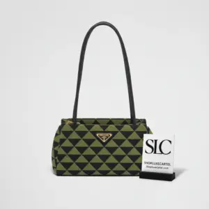 Geometric Print Small Embroidered Fabric Tote Bag Black Green 1BA368