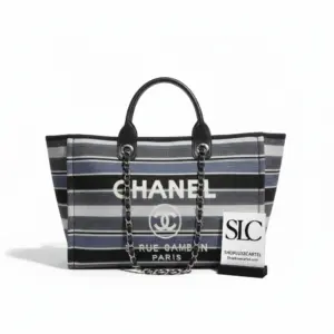 Large Deauville Black Grey Striped Tweed Shopper Tote A66941