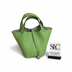 Locking Top Handle Bucket Bag in Green Clemence Leather