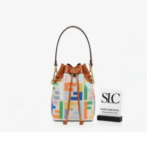 Mon Tresor Mini Drawstring Bucket Bag in Beige Canvas 8BS010