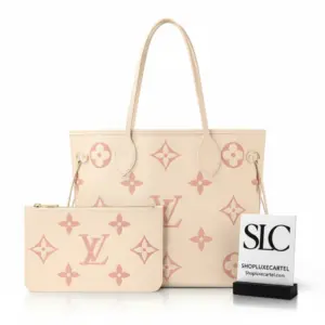 Monogram Embossed Leather Medium Tote Bag in Creme/Pink M21579