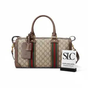 Monogram Print Small Boston Bag With Striped Webbing 645017