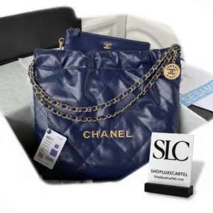 Quilted 22 Small Hobo Handbag in Shiny Blue Calfskin AS3260