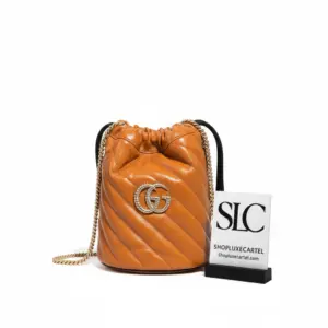 Quilted Chevron Leather Mini Bucket Bag in Cognac 575163