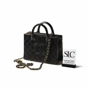 Quilted Top Handle Cosmetic Vanity Case in Black Calfskin AS3345