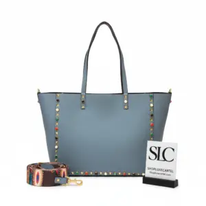 Reversible Two-Tone Studded Medium Tote Bag 0067G Blue/Burgundy