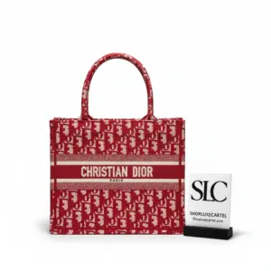 Small Book Tote Bag with All-Over Red Oblique Embroidery