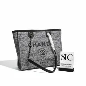 Spacious Deauville Style Chain Shoulder Canvas Tote Bag A66939