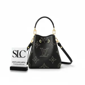 Studded Embossed Monogram Drawstring Bucket Bag in Black M46734
