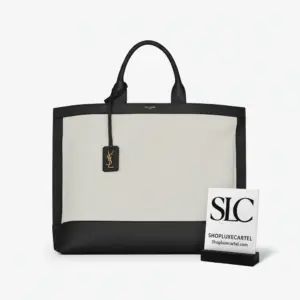 Tag Detail Shopping Tote in Leather and Canvas 619757