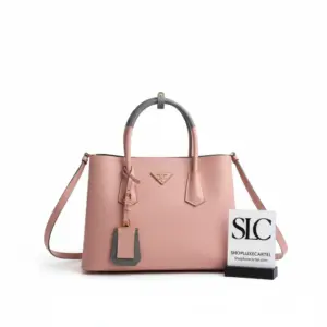 Two-Tone Saffiano Leather Double Compartment Tote Bag 1BG775 Pink Grey