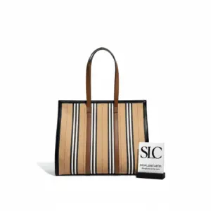 Vertical Tote Bag with Classic Stripe and Logo Print 80223771