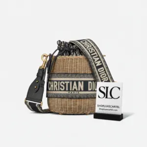 Woven Wicker Basket Shoulder Bag with Blue Oblique Strap M7600