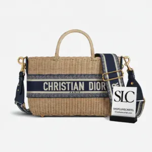 Woven Wicker Basket Shoulder Bag with Blue Oblique Strap M7601